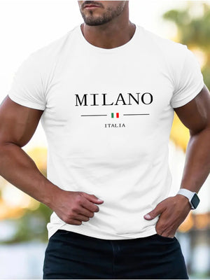 Man wearing white Milano print shirt with white shorts at beach bar